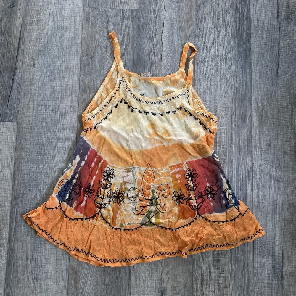 Vtg SHORELINE Tank Top Women Large Embroidered Boho Tie Dye Orange Hippie Fairy